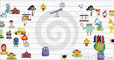 Digital image of multiple school concept icons against white lined paper Stock Photo