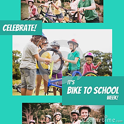 Digital image of multiracial children with bicycles, celebrate it's bike to school week text Stock Photo