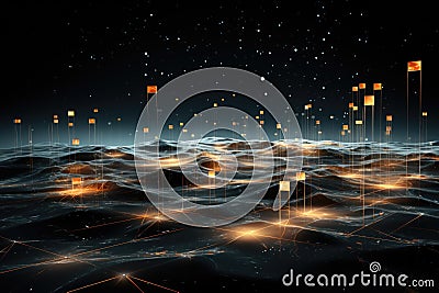 A digital image of a network of lights and orange squares, AI Stock Photo