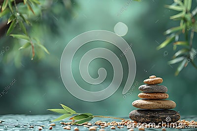 Digital image of photo of a stack of rocks and bamboo leaves on an empty table with copy space for text. background is blurre Cartoon Illustration