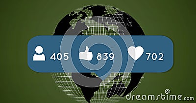 Digital image of a rotating globe with a chat bubble of a followers icon counting up Stock Photo