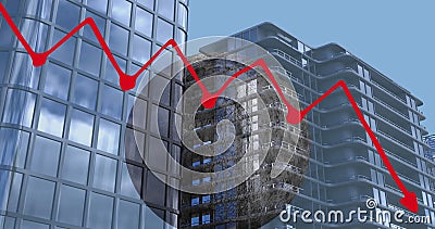 Digital image of statistical data processing over world map against tall buildings Stock Photo