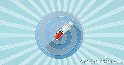 Digital image of syringe icon over rund banner against blue radial background Stock Photo