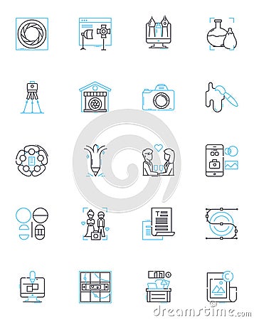 Digital imaging linear icons set. Resolution, Pixelation, Contrast, Exposure, Editing, Retouching, Cropping line vector Vector Illustration