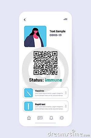 digital immunity passport of vaccinated person on smartphone screen risk free covid-19 pandemic Vector Illustration