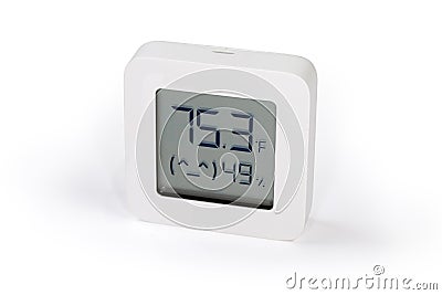 Digital indoor mini thermometer with hygrometer on a white background Stock Photo