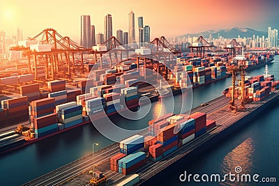 Digital Industrial Container Cargo freight ship with working crane bridge for Logistic Import Export Stock Photo