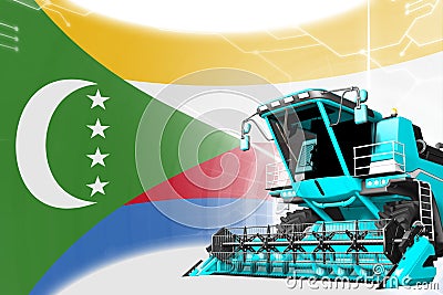 Agriculture innovation concept, blue advanced wheat combine harvester on Comoros flag - digital industrial 3D illustration Cartoon Illustration