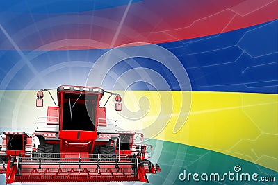 Digital industrial 3D illustration of red modern grain combine harvesters on Mauritius flag, farming equipment modernisation Cartoon Illustration