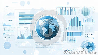 A digital infographic with a globe, graphs, and statistical data representing global financial trends Stock Photo