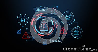 Digital infographic with warning signs, checklist, and icons on a dark technology interface background. 3D Rendering Stock Photo