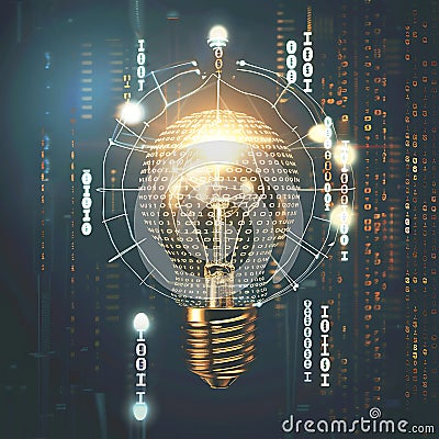 Digital Innovation Glowing Lightbulb with Binary Code Network Stock Photo