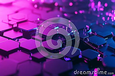 A digital-inspired 3D background featuring fragmented hexagons, some dissolving into pixel-like Stock Photo