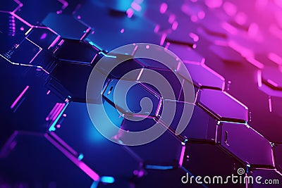 A digital-inspired 3D background featuring fragmented hexagons, some dissolving into pixel-like Stock Photo