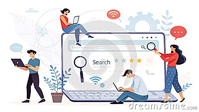 Digital Interaction with Search Interface and Users Cartoon Illustration
