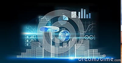 Digital interface with data processing over 3d cityscape model against black background Stock Photo