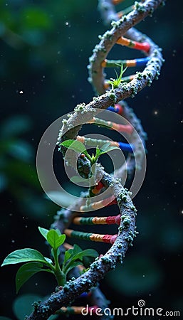 Digital interface displays growing plant, DNA helix data streams , algorithm, innovation Stock Photo