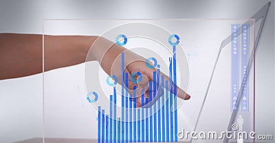 Digital interface with statistical data processing against hand touching laptop screen Stock Photo