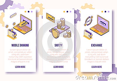 Digital isometric design concept set-safety mobile banking,money exchange app screen vertical banners.Isometric financial business Stock Photo