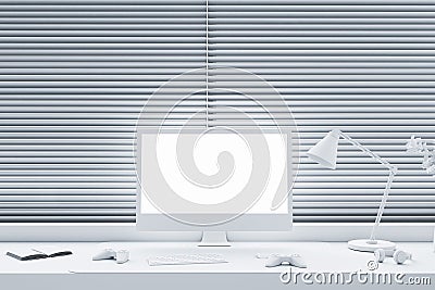 Digital job, blank light modern computer monitor with place for web design or web site on white work table with joystick and Stock Photo