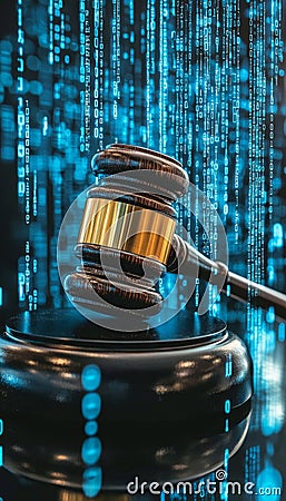 Digital Justice Judge s Gavel And Binary Code Background, Law And Technology Concept Stock Photo