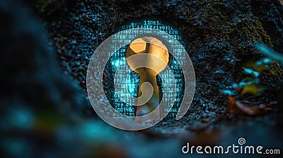 Digital keyhole unlocks mystical forest with binary code light Stock Photo