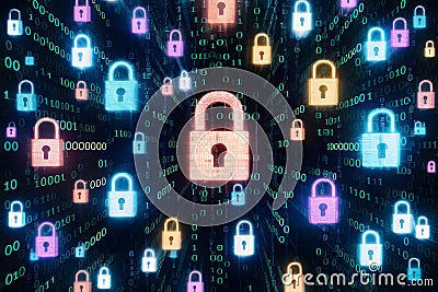 Digital landscape with binary codes, padlock symbols, vibrant colors, security themes Stock Photo