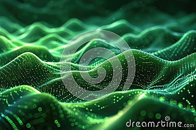 Digital landscape of green hills with a particle grid texture. Stock Photo