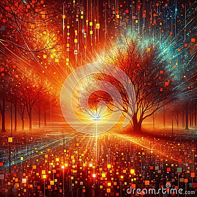 Digital landscape painting combines a tree, binary waterfall, and digital sky in a harmonious blend, generative ai Stock Photo