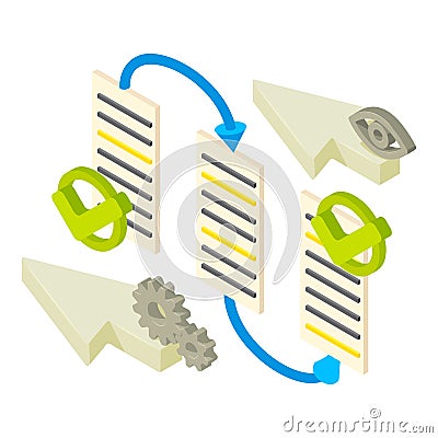 Digital ledger icon isometric vector. Web page cursor transition arrow checkmark Stock Photo