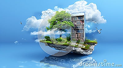 Digital library: 3D rendering of books, shelves, clouds, and birds Stock Photo