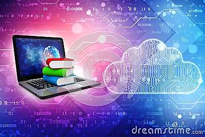 Online education concept - laptop computer with colorful books. 3d rendering Stock Photo