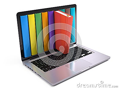 Digital library and online education concept - laptop computer with colorful books Stock Photo