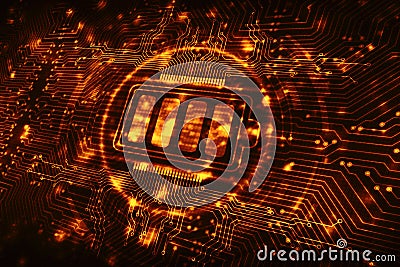 Digital lithium-ion rechargeable battery symbol, high voltage charging energy storage with glowing circuit board background Stock Photo