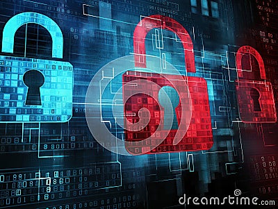 Digital lock on computer screen features binary code padlock with keyhole icon. Background is abstract representation of Stock Photo