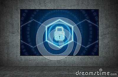 Digital lock hologram with circle binary numders on digital screen Stock Photo