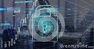 Digital lock icon with circuit patterns and holographic data overlays Stock Photo