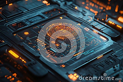 A digital lock interface with glowing biometric fingerprints Stock Photo
