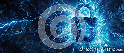 Digital lock with lightning in cyber space, abstract data background, secure computer information. Theme of padlock, protection, Stock Photo