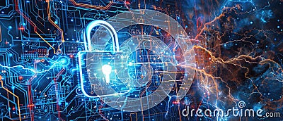 Digital lock with lightning in cyber space, abstract data background, secure computer information. Theme of padlock, protection, Stock Photo