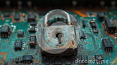A digital lock placed on a microprocessor showcasing cybersecurity concepts in technology Stock Photo