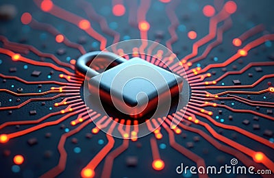 Digital lock protects online data. Secure tech system safeguards info. Modern tech illustration shows encryption. Advanced tech Cartoon Illustration