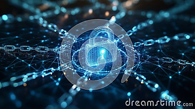 Digital lock symbolizing cybersecurity in a connected network of data chains Stock Photo