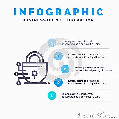 Digital, Lock, Technology Line icon with 5 steps presentation infographics Background Vector Illustration