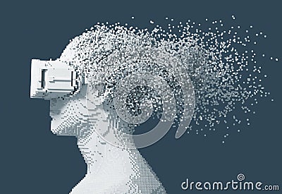 Digital Man Wearing Virtual Reality Glasses Disintegrates On 3D Pixels Stock Photo