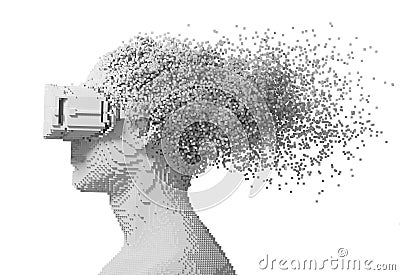 Digital Man Wearing Virtual Reality Glasses Disintegrates On 3D Pixels Isolated On White Background Stock Photo