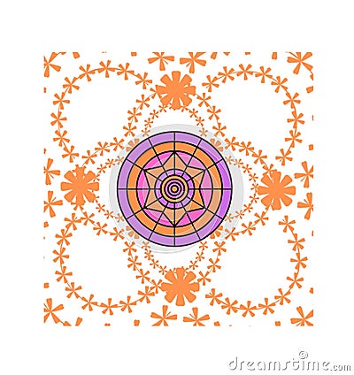 Digital mandala style artwork with colourful circles, stars and saffron flowers Stock Photo