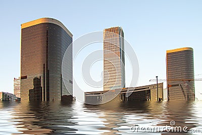 Digital manipulation of flooded newly build modern high rise buildings. Climate change concept - image Stock Photo