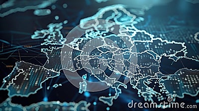 Digital Map of Europe, Network Connection and Data Flow, Futuristic Technology Concept Background Stock Photo