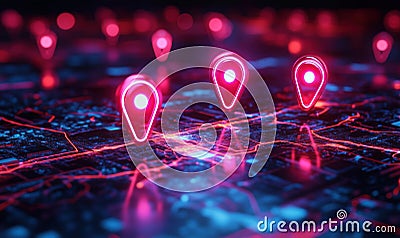 Digital map with glowing location pins representing navigation and geolocation technology Stock Photo